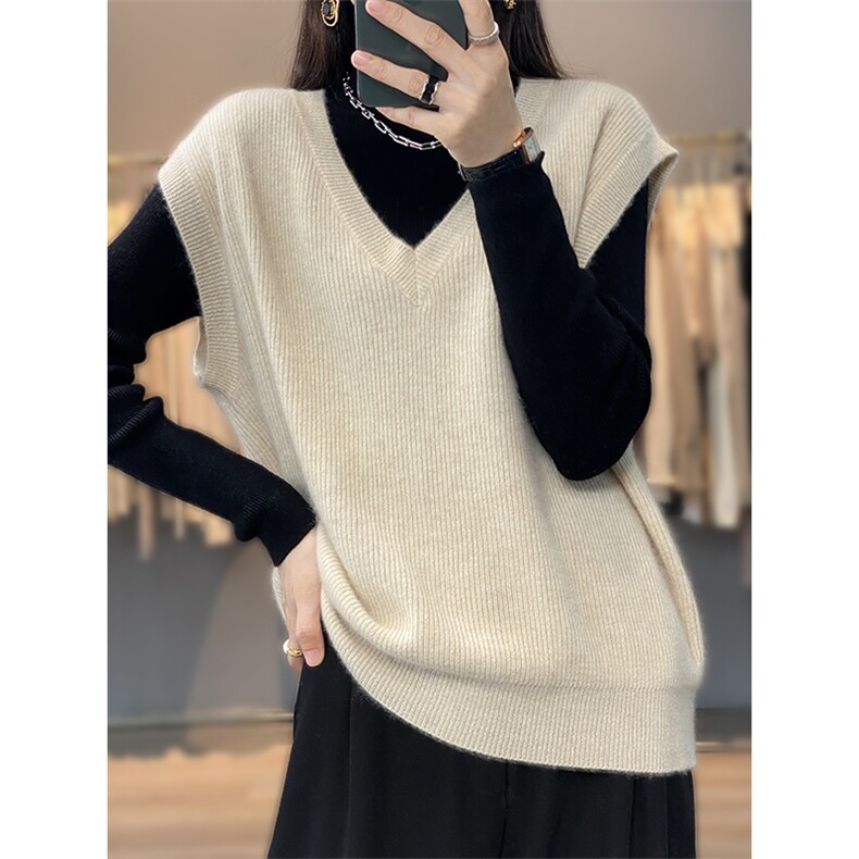 秋冬款100%纯羊毛针织马甲女宽松V领毛衣背心百搭羊绒衫无袖坎肩图片
