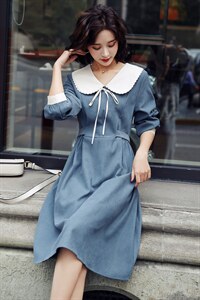 【2件9折】【紫系列】女装折扣25春专柜399娃娃领系带收腰连衣裙图片