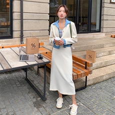 两件套裙子套装女2023春季新款韩版气质时尚衬衫拼接短款西装外套，女装套装/套裙，辉之琳