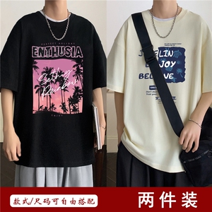 240G两件装重磅美式印花纯棉大码宽松休闲短袖T恤LT2839-P48控68图片