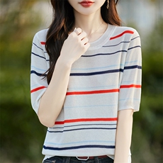 夏季新款女士简约时尚舒适天丝条纹短袖，女装T恤，斯美雅电商供货