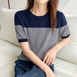 时尚百搭圆领条纹短袖针织衫显瘦修身休闲上衣