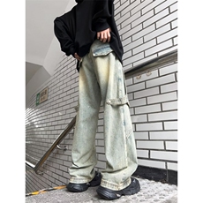 工装牛仔裤男春季美式高街阔腿裤设计感潮牌宽松直筒裤K80588-p58，男装牛仔裤，星座1008
