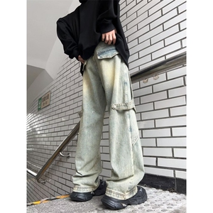 工装牛仔裤男春季美式高街阔腿裤设计感潮牌宽松直筒裤K80588-p58图片
