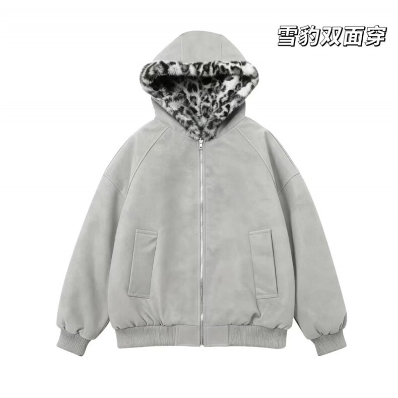 网图慎用座山雕荔枝纹双面穿PU皮豹加绒男女连帽棉衣PYM659P100,男装棉衣,电商A128