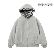 网图慎用座山雕荔枝纹双面穿PU皮豹加绒男女连帽棉衣PYM659P100，男装棉衣，电商A128