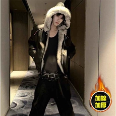 现货冬季美式潮牌痞帅PU皮机车服棉衣毛毛绒狼王座山雕皮棉服，男装棉衣，电商A486