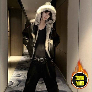 现货冬季美式潮牌痞帅PU皮机车服棉衣毛毛绒狼王座山雕皮棉服图片
