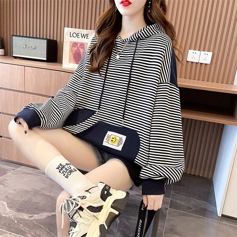 7614高品质朱地条纹复合加绒大码时尚新款百搭条纹卫衣女P50,女装卫衣/绒衫,星座309B-2