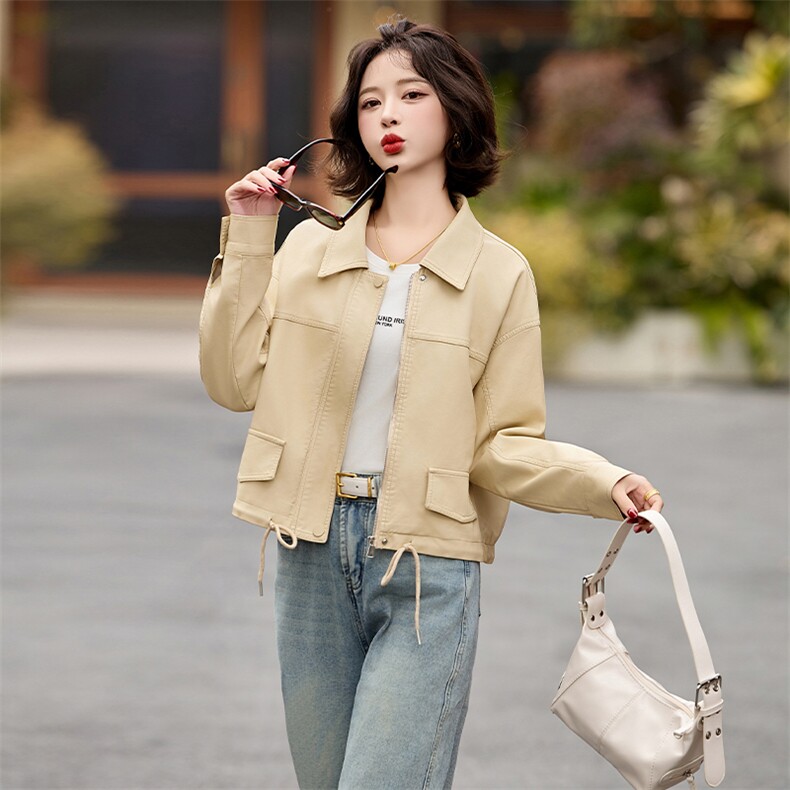 2025春季新款韩版休闲翻领短款皮衣抽绳外套女宽松百搭夹克上衣潮,女装皮衣,潮流依族