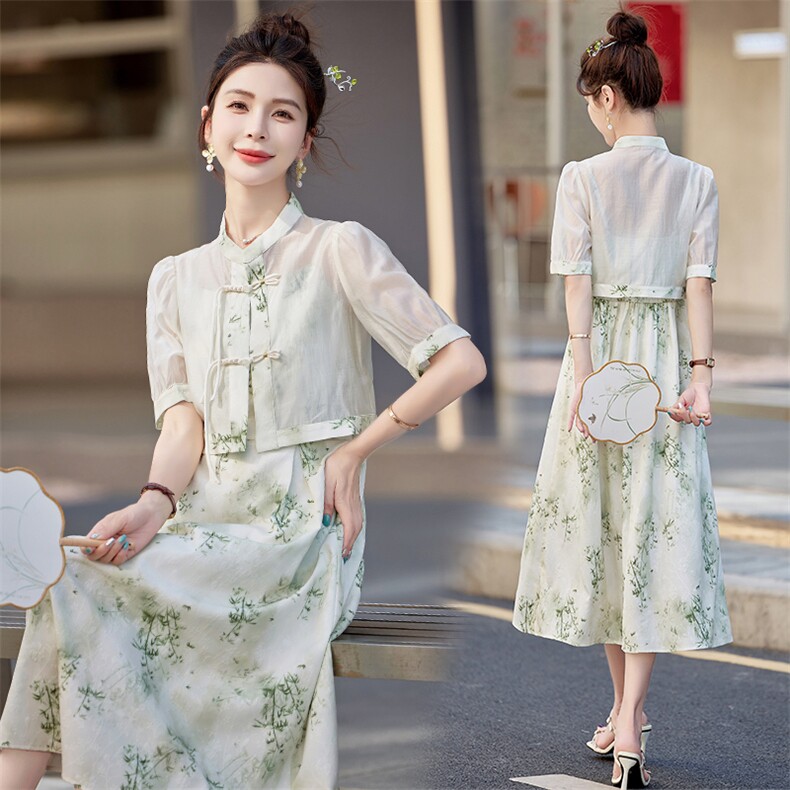 新中式印花吊带连衣裙女夏季新款优雅气质盘扣上衣，女装连衣裙，微微衣阁