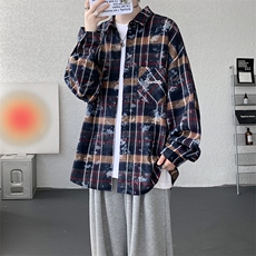 衬衫男春季新款港风宽松大码格子扎染刺绣长袖衬衣CS3016-P38，男装衬衫，星座214-3