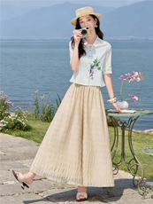 轻熟风时尚小翻领印花衬衫套装女2026夏气质上衣裙裤两件套，女装套装/套裙，水衣源