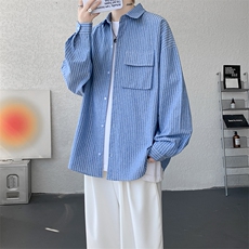 衬衫男秋季新款港风宽松大码立体口袋纯棉条纹长袖衬衣CS3099-P42，男装衬衫，星座214-3
