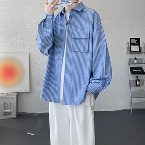 衬衫男秋季新款港风宽松大码立体口袋纯棉条纹长袖衬衣CS3099-P42图片