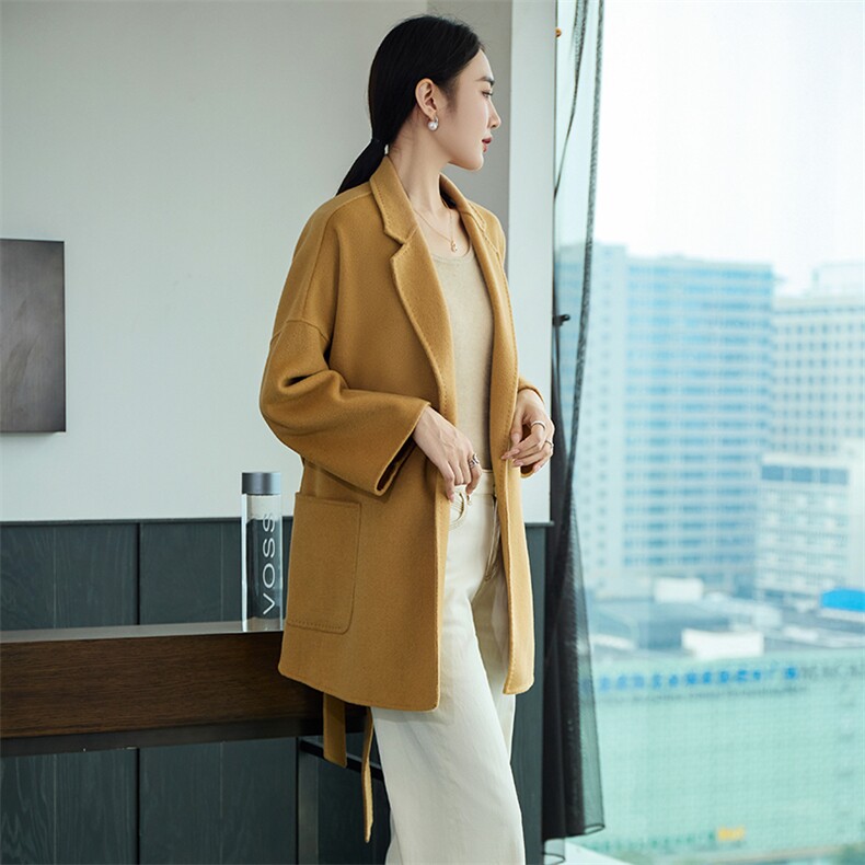 时尚百搭羊毛女士双面呢外套优雅显瘦秋冬季新款大衣,女装双面呢大衣,岳达羊绒