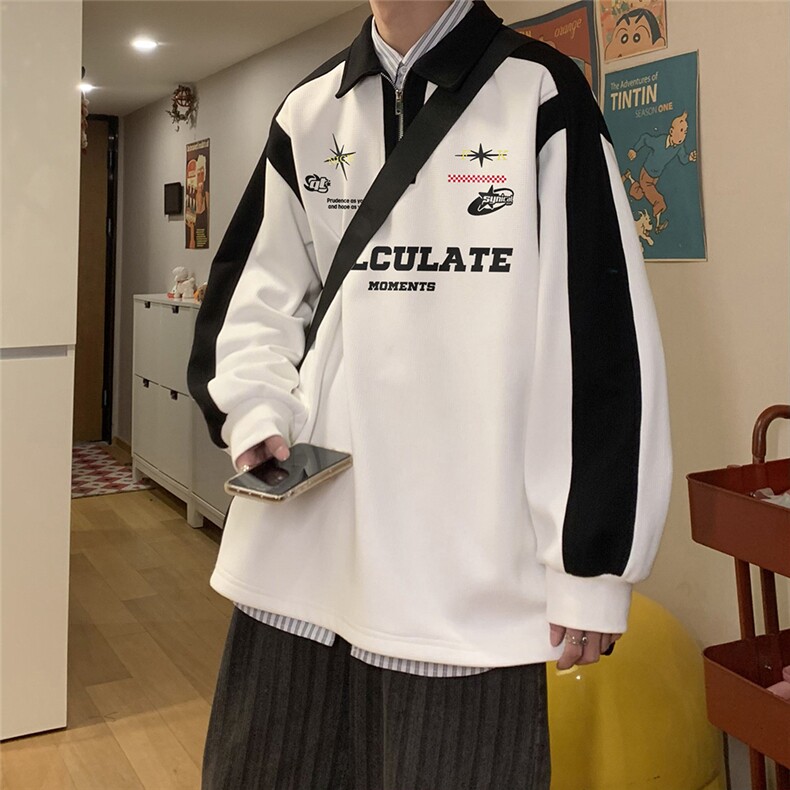 港风民宿机车风印花宽松插肩袖翻领卫衣B87401P55控78,男装卫衣,电商A247