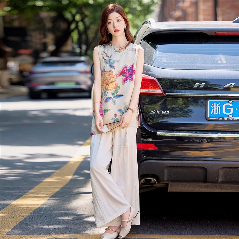 欧货2025夏季新款时尚新中式国风刺绣提花盘扣香云纱复古马甲女潮，女装套装/套裙，依路服饰