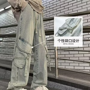 B259-P52 秋冬牛仔裤男生宽松直筒美式复古高街多口袋潮牌松紧图片