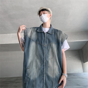 叠穿夏复古水洗牛仔马甲垫肩外套男拉链设计感无袖上衣MJ611-P60图片