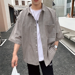 2021夏装情侣格子衬衫 宽松港风男女短袖百搭衬衫CS03/图片
