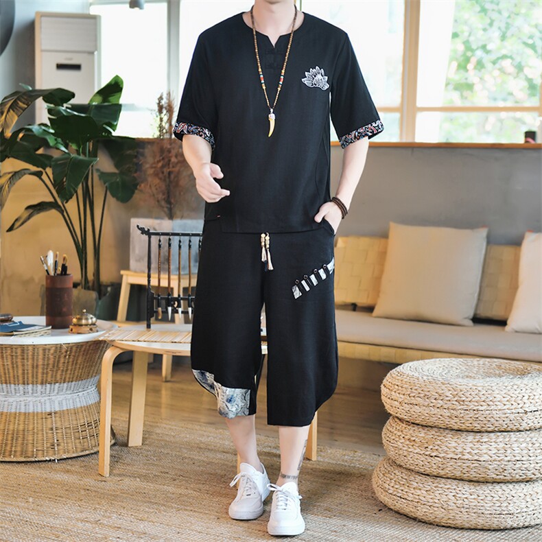 夏季亚麻男士套装风男装棉麻刺绣T恤一套A266-1-TZ4057-P75,男装T恤,电商A266-1
