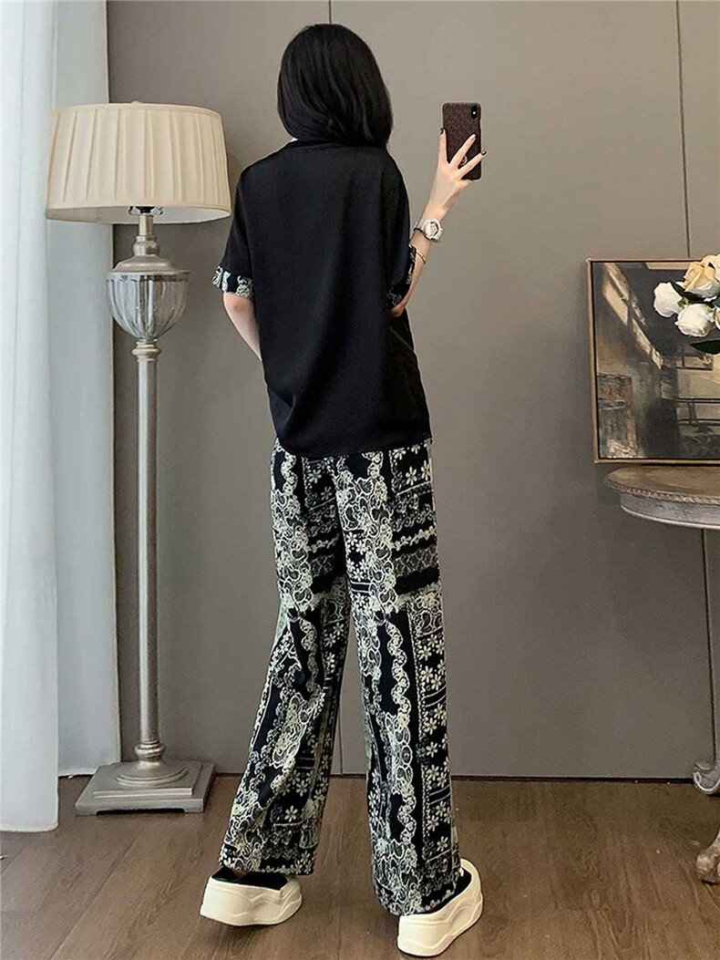 时尚减龄套装女夏季新款宽松显瘦圆领印花侧边拉链短袖长裤两件套,女装套装/套裙,江南