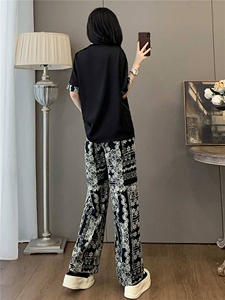 时尚减龄套装女夏季新款宽松显瘦圆领印花侧边拉链短袖长裤两件套图片
