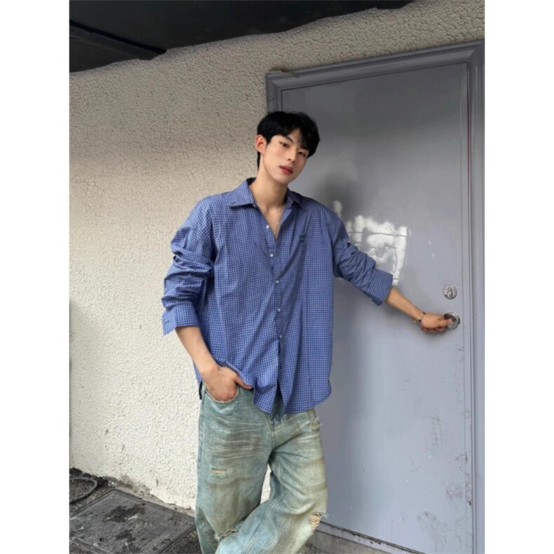 美式夏季长袖衬衫男士高级氛围感cleanfit防晒格子外套男,男装防晒衣,星座506A