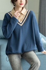 时尚拼接假两件长袖衬衫女宽松显瘦V领上衣秋装新款百搭休闲衬衣，女装衬衫，依恋蒂丝
