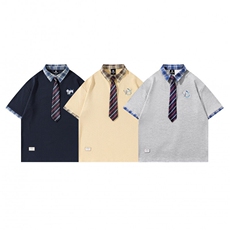 Polo衫短袖T恤男女夏潮流复古学院风格子拼接小狗刺绣T819P65，男装Polo衫，星座201-2