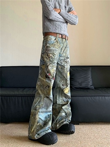 美式复古迷雾蔓延多口袋晕染迷彩裤直筒情侣休闲工装裤Q66 P65图片
