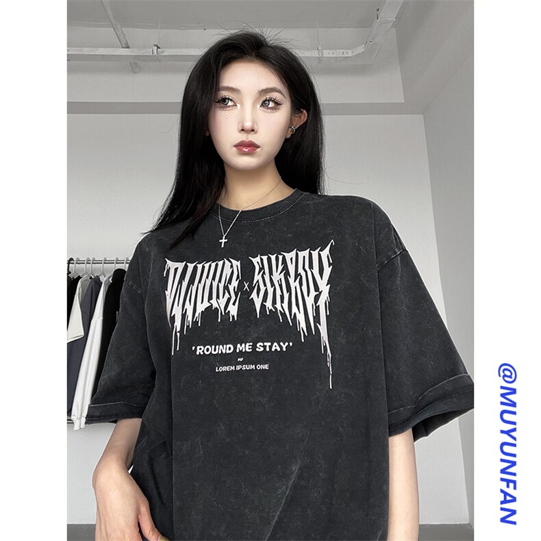 复古哥特字母T恤炒雪花潮流上衣欧美水洗做旧B225-T9395-X58,男装T恤,电商B225