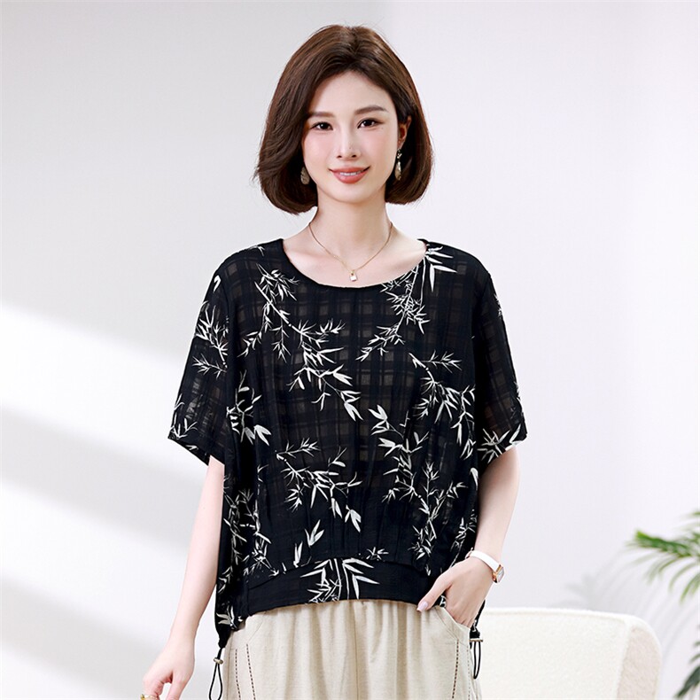 时尚竹叶印花宽松短袖T恤女夏季新款韩版百搭显瘦上衣，女装衬衫，叶笙衣