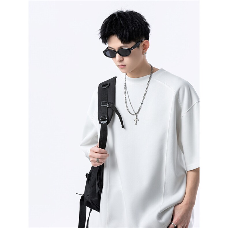港风美式vibe潮流宽松拼接款圆领半袖T恤男潮XZ213-T008-P35控58,男装T恤,星座213