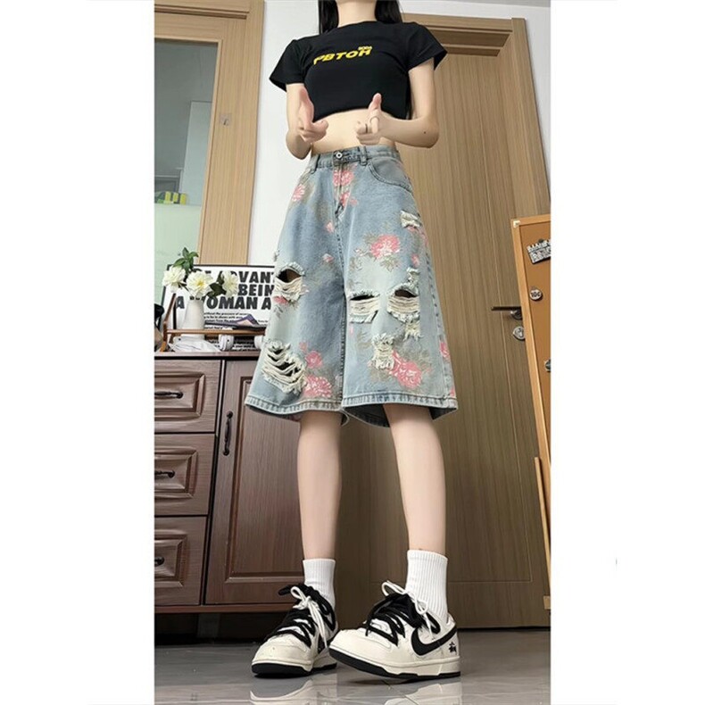 花卉破洞牛仔短裤男款夏季小众设计感裤子美式高街vibe休闲五分裤,男装牛仔裤,星座601-1