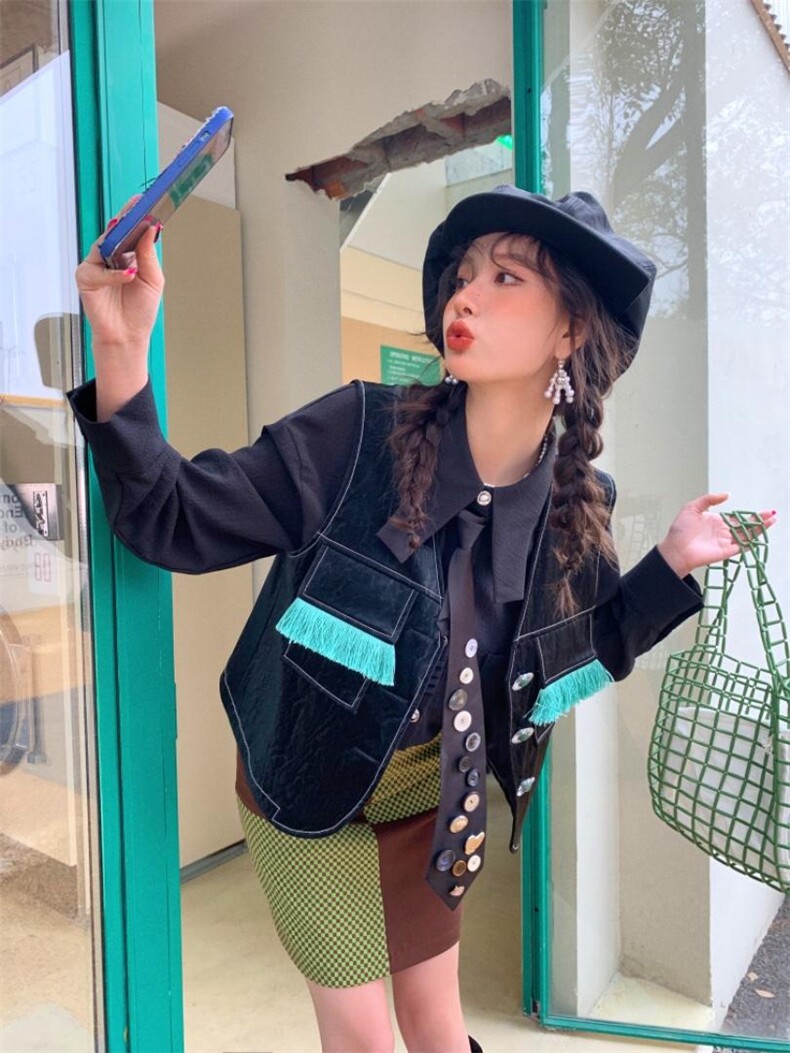 流苏口袋复古马甲，女装马甲，YOUER DENG