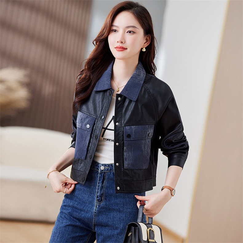 拼接皮衣外套女春秋机车PU夹克短款B款时尚欧货高级感2023年新款,女装皮衣,江南女神