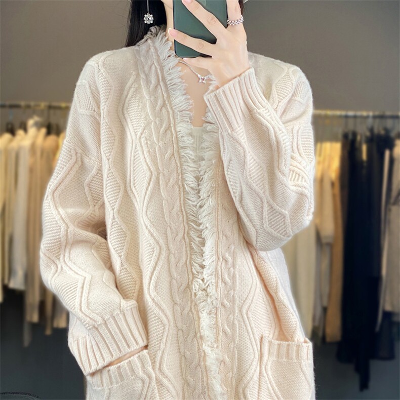 中长款100%纯羊毛开衫外套女V领流苏针织毛衣宽松慵懒羊绒衫上衣,女装羊毛衫,隆格羊绒