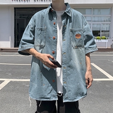 得物品质夏男短袖牛仔衬衫水洗字母刺绣喷漆衬衣CS983P55，男装衬衫，星座1013-1