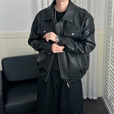 现货短款机车皮衣外套男宽松休闲痞帅皮夹克A351-AP2468-P105，男装夹克，电商A351
