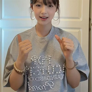 字母珍珠钉珠短袖t恤女夏季2025新款宽松纯棉情侣设计感上衣