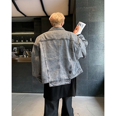 新款复古水洗做旧短款牛仔套装男翻领夹克外套上衣JK08352-P78，男装夹克，星座308B-2
