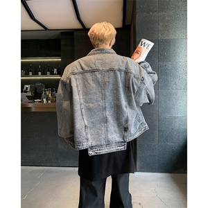 新款复古水洗做旧短款牛仔套装男翻领夹克外套上衣JK08352-P78图片