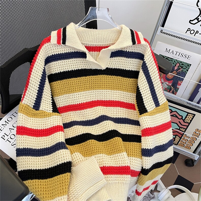 秋款男Polo领毛衣宽松彩色条纹针织衫宽松线衣外套M6525P58,男装Polo衫,星座1013-1
