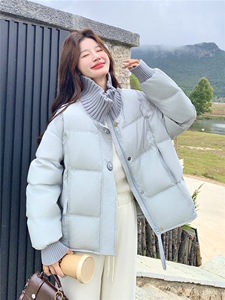 超好看蓝色针织拼接立领短款羽绒服女2025冬韩系甜美90白鸭绒外套图片