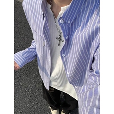 休闲风竖条纹衬衫男长袖松弛感少年风高级感外套C2275-特价P37，男装衬衫，电商A007