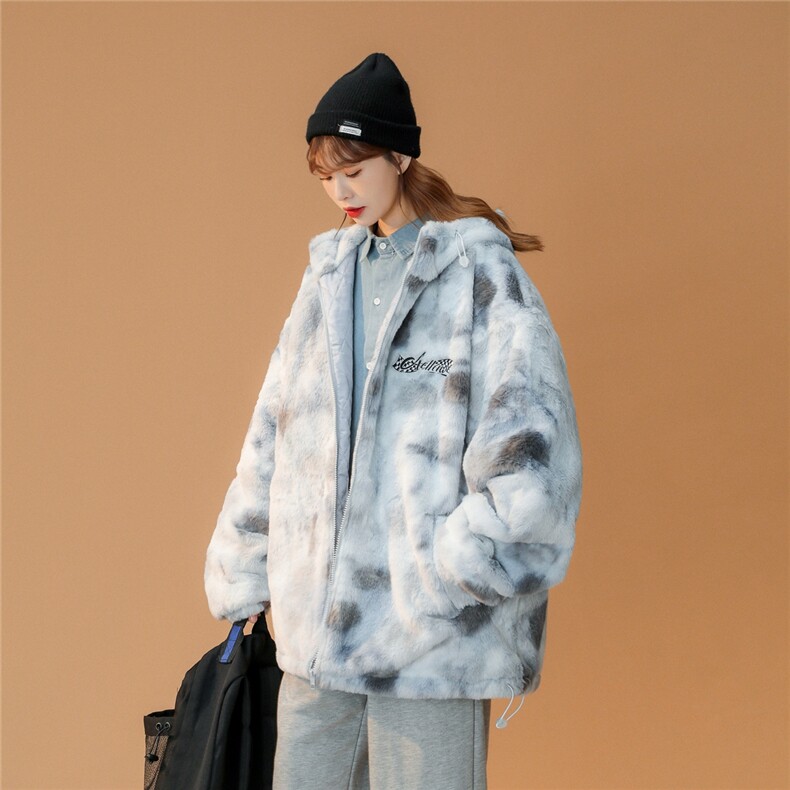 216-BK100-P128女类2021中性男女扎染连帽仿皮草外套控148,女装棉衣/棉服,星座716-5（原216-1）