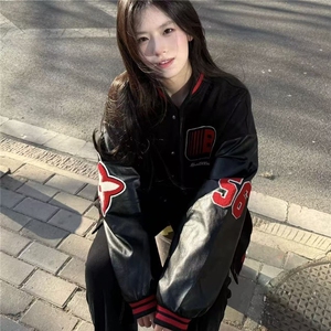 美式徽章拼接刺绣皮袖撞色棒球外套男女春秋潮牌高街痞帅情侣夹克图片