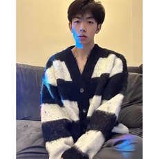 撞色V领开衫毛衣男慵懒风宽松条纹仿水貂绒针织情侣外套MY9179，男装针织衫/毛衣，星座1116A（原606A-3）